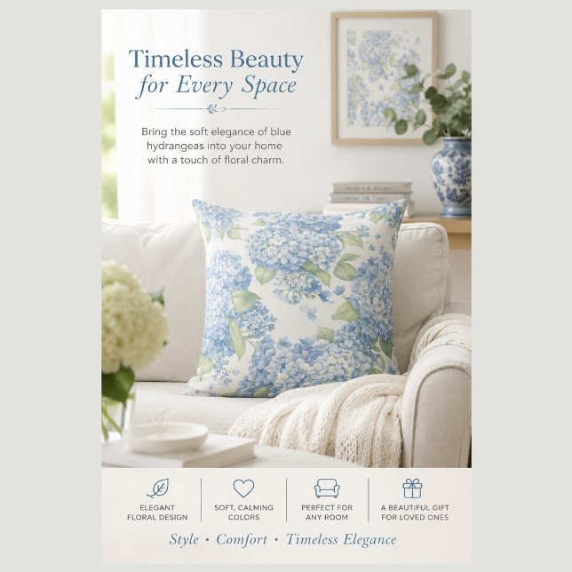 Blå Hydrangea Blommig Kastkudde | Elegant kust Kudde (Blue Hydrangea Elegance. Update your home decor with this blue and white floral throw pillow cushion)