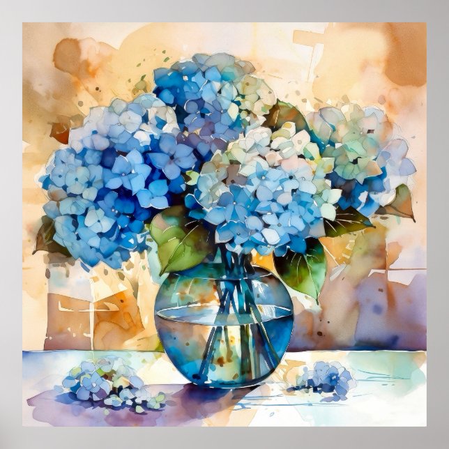 Blå Hydrangea Blommig Konst Poster (Framsidan)