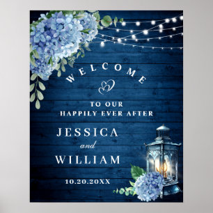 Blå Hydrangea Blommig Lykta Trä Välkommen Bröllop Poster