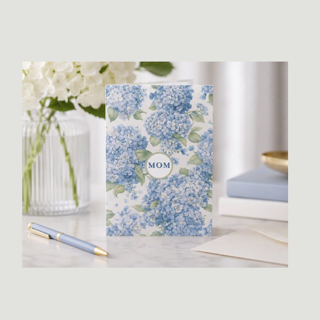 Blå Hydrangea Blommig MAMMA Kort Elegant Gåva (Blue Hydrangea pattern happy birthday greeting card a statement of beauty for a very special person.)