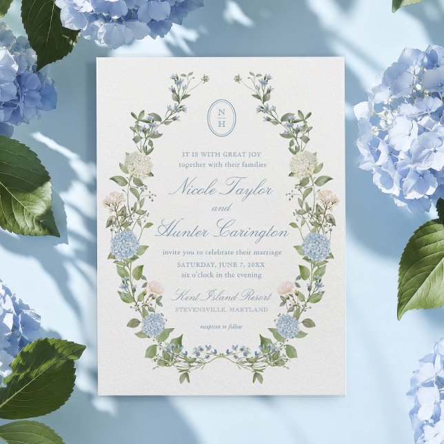 Blå Hydrangea Blommig Monogram Kröningsvapen Bröll Inbjudningar (Skapare uppladdad)