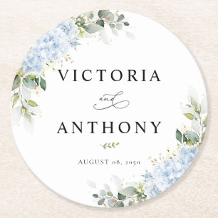 Blå Hydrangea Blommig Rund Bröllops Coaster Underlägg Papper Rund