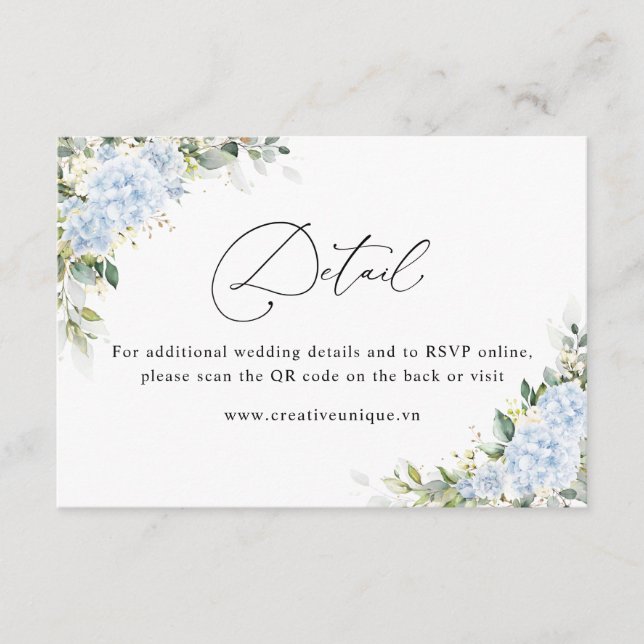 Blå Hydrangea Blommig Webbplats QR-kod Detaljer Tilläggskort (Framsida)