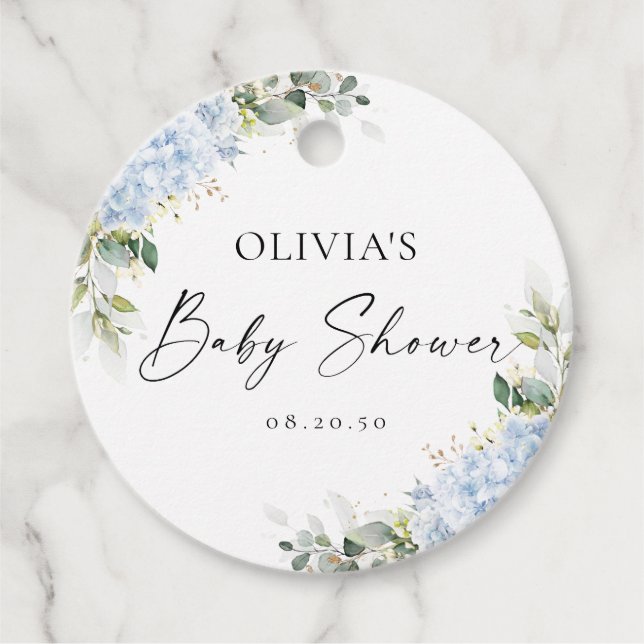 Blå Hydrangea Blommiga Baby Shower Fördelningsmärk Gåvor Etiketter (Framsida)