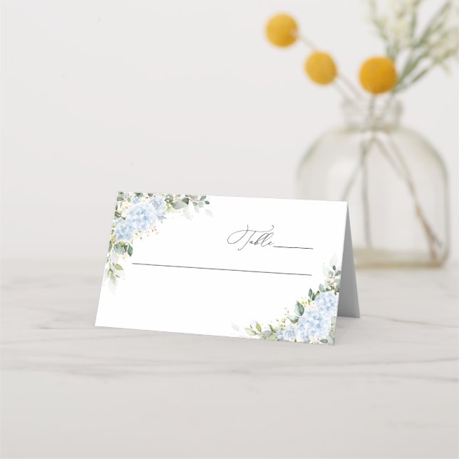 Blå Hydrangea Blommiga Bröllops Faltade Platskort Placeringskort (Framsida)