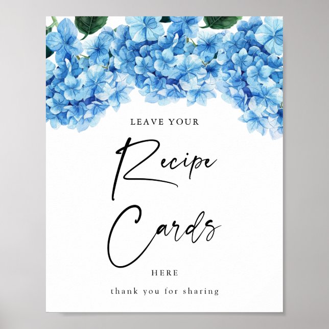 Blå Hydrangea Blommiga Bröllopsfest Receptkort Poster (Framsidan)