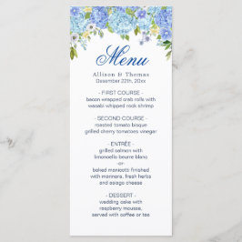 Blå Hydrangea-Blommigt Greenery Bröllop-menykort Meny