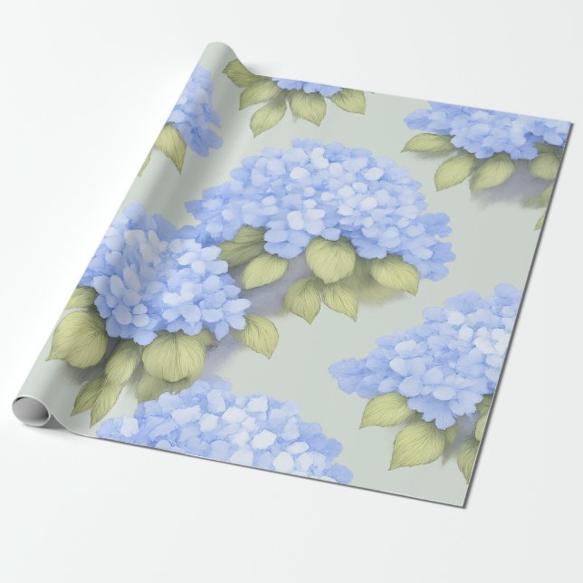 Blå Hydrangea Blommigt Inpackningspapper Presentpapper (Utrullad)