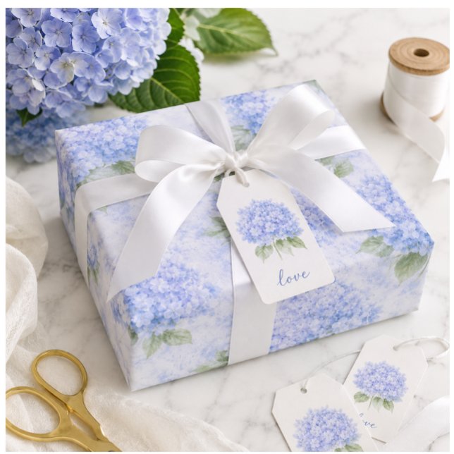 Blå Hydrangea Blommigt Inpackningspapper Presentpapper (Elegant blue hydrangea gift wrap for thoughtful gifting, boutique presents, and beautiful occasions.)
