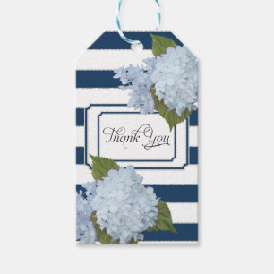 Blå Hydrangea Blommigt Modern Elegant Navy Stripe Presentetikett