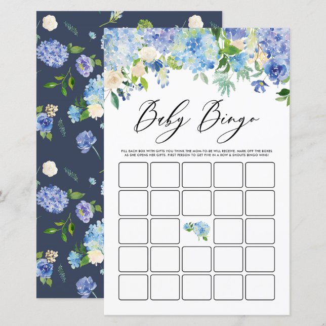 Blå Hydrangea Blommor Baby Shower Bingo Spelkort (Fram/baksida)