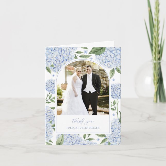 Blå Hydrangea Blommor Bröllopsfoto Tack Kort (Framsida)