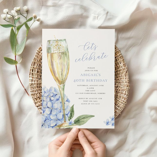 Blå Hydrangea Blommor Låt Oss Festa Kalas Inbjudningar (Skapare uppladdad)