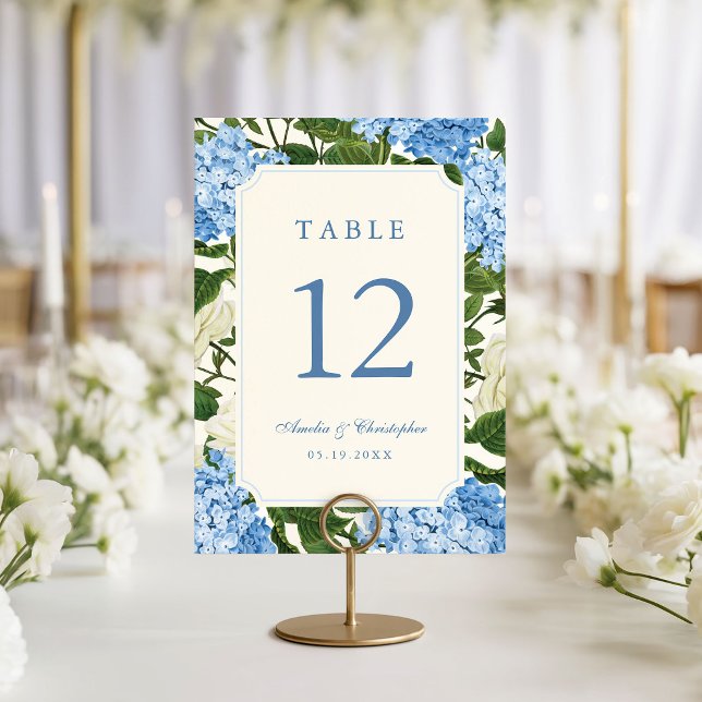 Blå Hydrangea Blommor & Vita Rosor Trädgård Bröllo Bordsnummer (elegant wedding table number cards with vintage hydrangea and white rose illustrations)