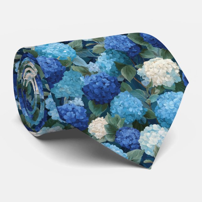 Blå Hydrangea Blommotiv med blad Slips (Rullad)