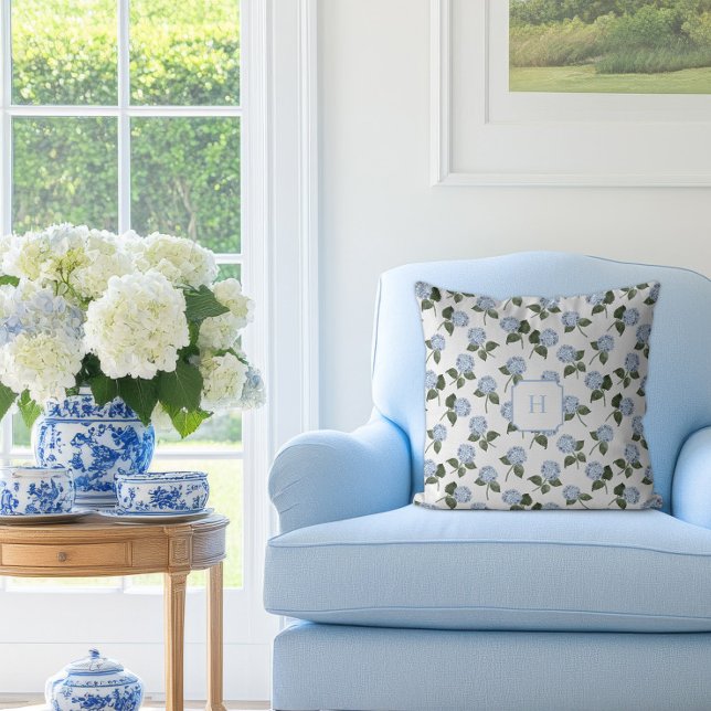 Blå Hydrangea Blomster Initial   Kudde (Hydrangea Bloom Blue Monogram Pillow)