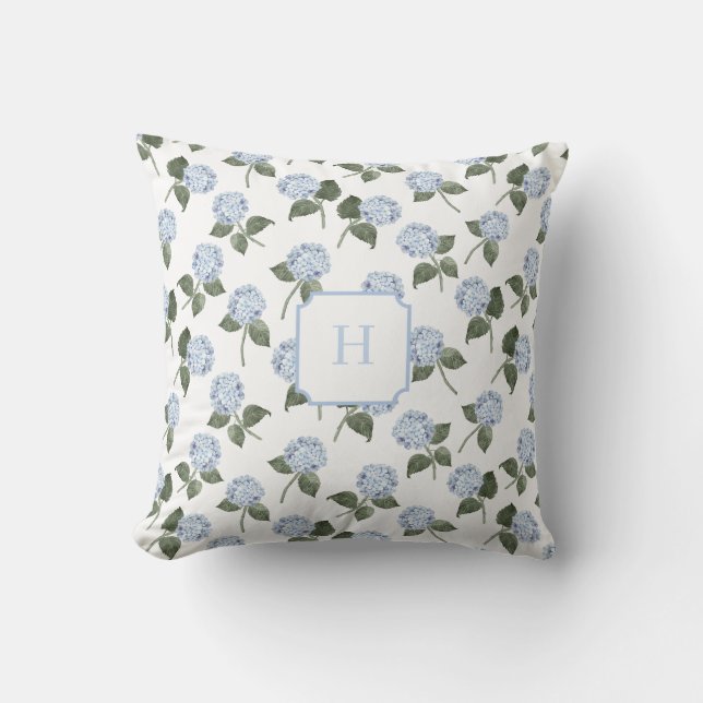 Blå Hydrangea Blomster Initial   Kudde (Framsida)