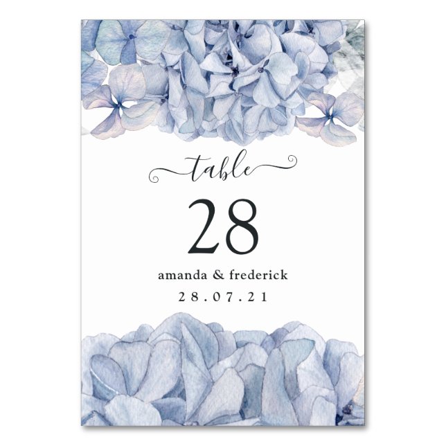 Blå Hydrangea Bröllop Bordsnummer (Framsidan)