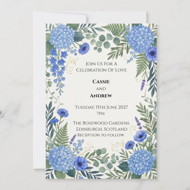 Blå Hydrangea Bröllop Inbjudningar (Framsida)