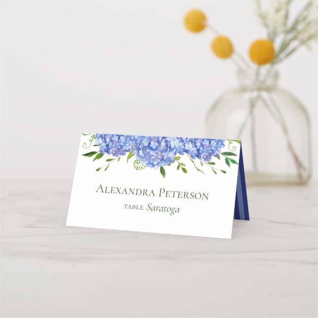Blå Hydrangea Bröllop Placeringskort (Framsida)