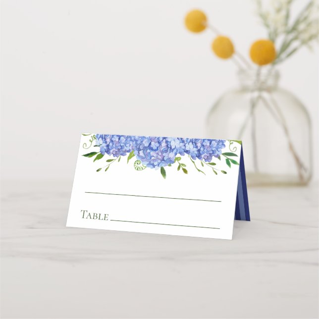 Blå Hydrangea Bröllop Placeringskort (Framsida)