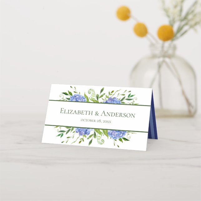 Blå Hydrangea Bröllop Placeringskort (Framsida)