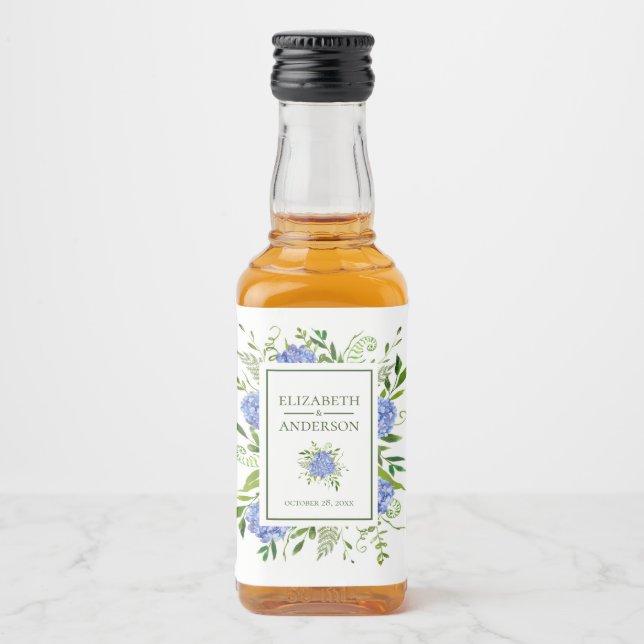 Blå Hydrangea Bröllop Spritflaskor Etikett (Framsida)