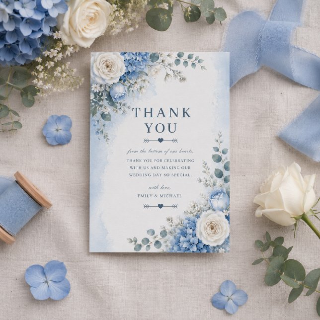 Blå Hydrangea Bröllop Tacksamhetskort Tack Kort (Elegant Thank You Card with timeless blue hydrangea watercolor florals.)