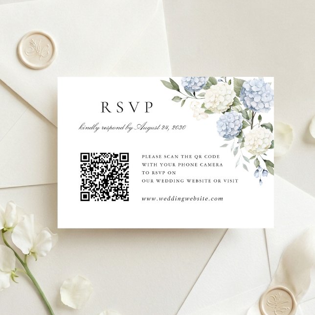 Blå Hydrangea Bröllops QR-kod RSVP-kort Inbjudningar (Skapare uppladdad)