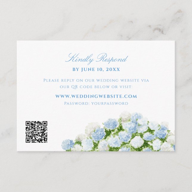 Blå Hydrangea Bröllops QR-kod RSVP Tilläggskort (Framsida)