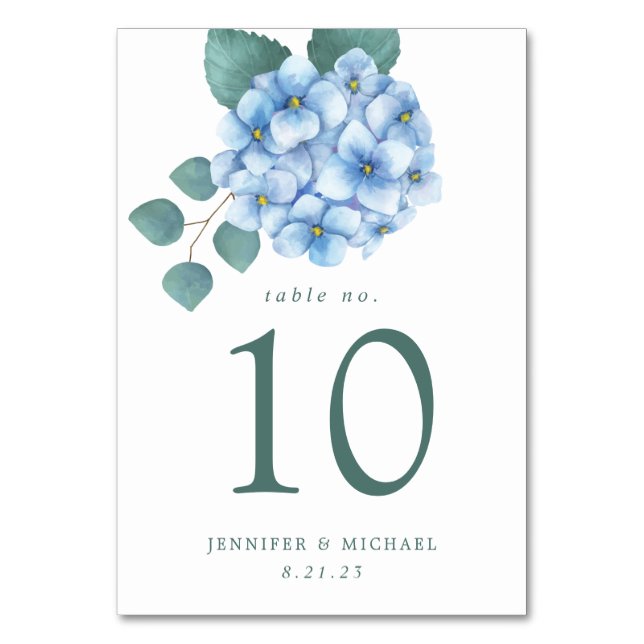 Blå Hydrangea Bröllopsbukett Bordsnummer (Framsidan)