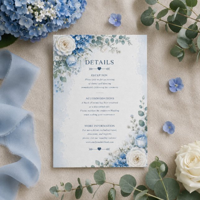 Blå Hydrangea Bröllopsdetaljkort OSA Kort (Elegant Details Card with soft blue hydrangea watercolor florals.)