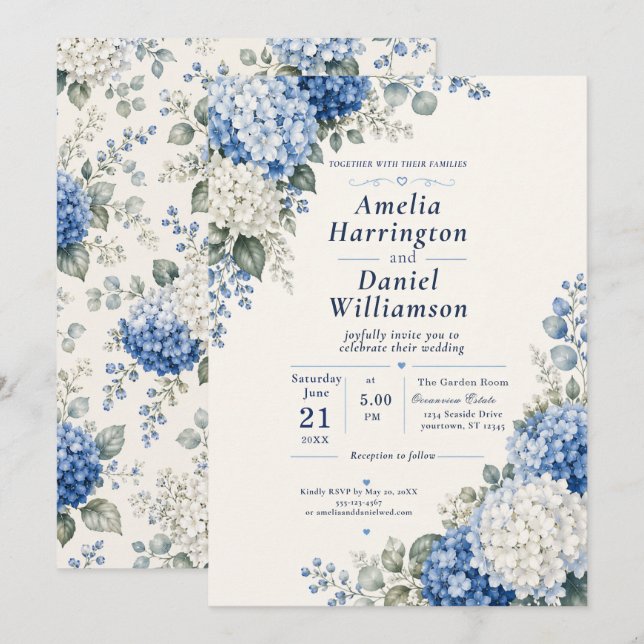 Blå Hydrangea Bröllopsinbjudan Inbjudningar (Fram/baksida)