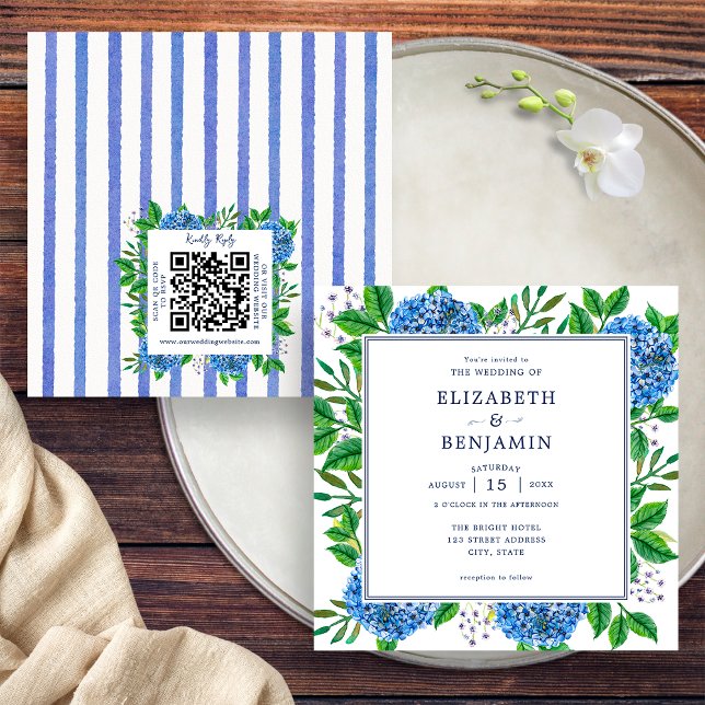 Blå Hydrangea Bröllopsinbjudan Med QR-kod Inbjudningar (Front / Back)