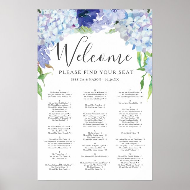 Blå Hydrangea Bröllopsplatsskylt Poster (Framsidan)