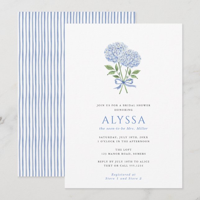 Blå Hydrangea Bukett och Slinga Bröllopsfest Inbjudningar (Fram/baksida)