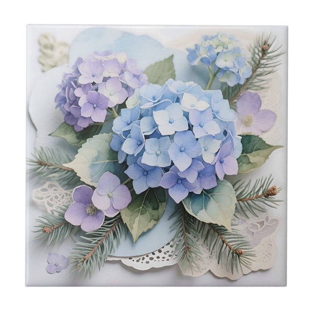 Blå Hydrangea Bukett Vattenfärg Lugn Kakelplatta (Framsidan)