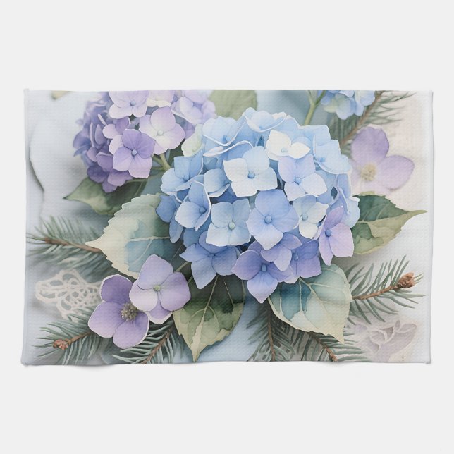 Blå Hydrangea Bukett Vattenfärg Lugn Kökshandduk (Horisontell)
