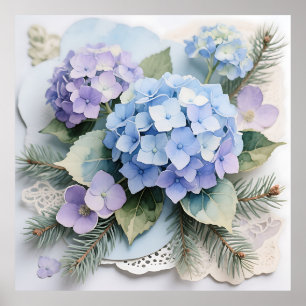 Blå Hydrangea Bukett Vattenfärg Lugn Poster