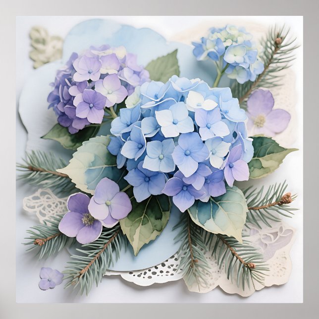 Blå Hydrangea Bukett Vattenfärg Lugn Poster (Framsidan)