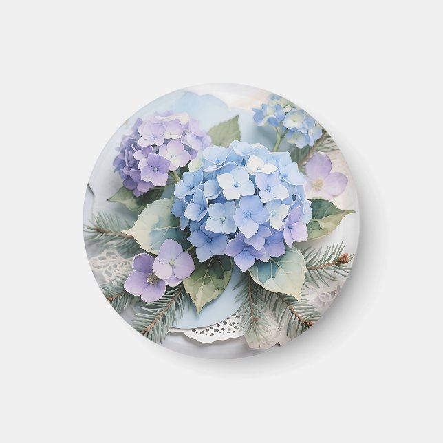 Blå Hydrangea Bukett Vattenfärg Lugnt Magnet (Framsidan)
