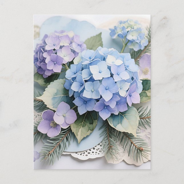 Blå Hydrangea Bukett Vattenfärg Stillhet Vykort (Framsida)