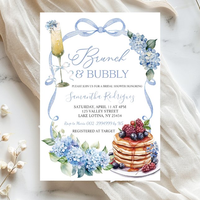 Blå Hydrangea Coquette Brunch och Bubbly Bröllop Inbjudningar (Skapare uppladdad)