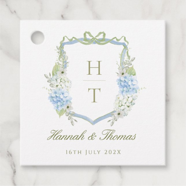 Blå Hydrangea Crest Bröllopsmonogram Gåvor Etiketter (Framsida)