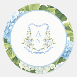 Blå Hydrangea Crest Monogram Bröllopsdekaler Runt Klistermärke