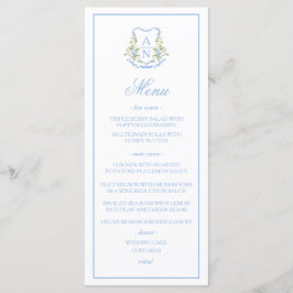 Blå Hydrangea Crest Monogram Bröllopsmeny Meny
