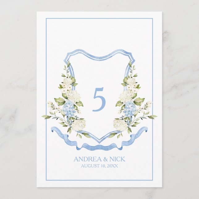 Blå Hydrangea Crest Monogram Kort (Framsida)