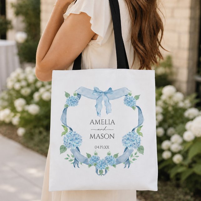 Blå Hydrangea Crest Watercolor Bröllop Tygkasse (Blue Hydrangea Crest Watercolor Wedding Tote Bag)