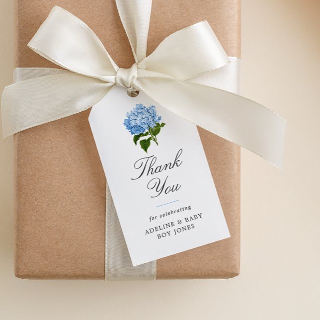Blå Hydrangea Elegant Bebis Shower Tack Kort (paper baby shower favor gift tag with elegant fonts and blue hydrangea blossom)