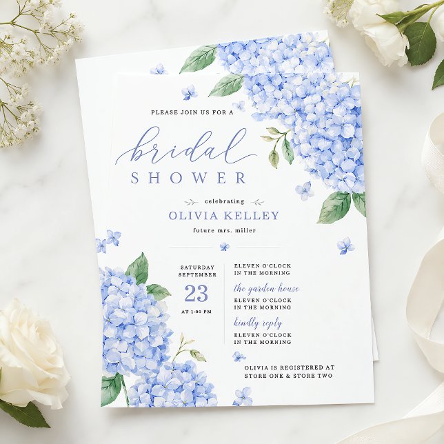 Blå Hydrangea Elegant Blomster Akvarell Inbjudningar (Blue Hydrangea Elegant Watercolor Floral Invitation)